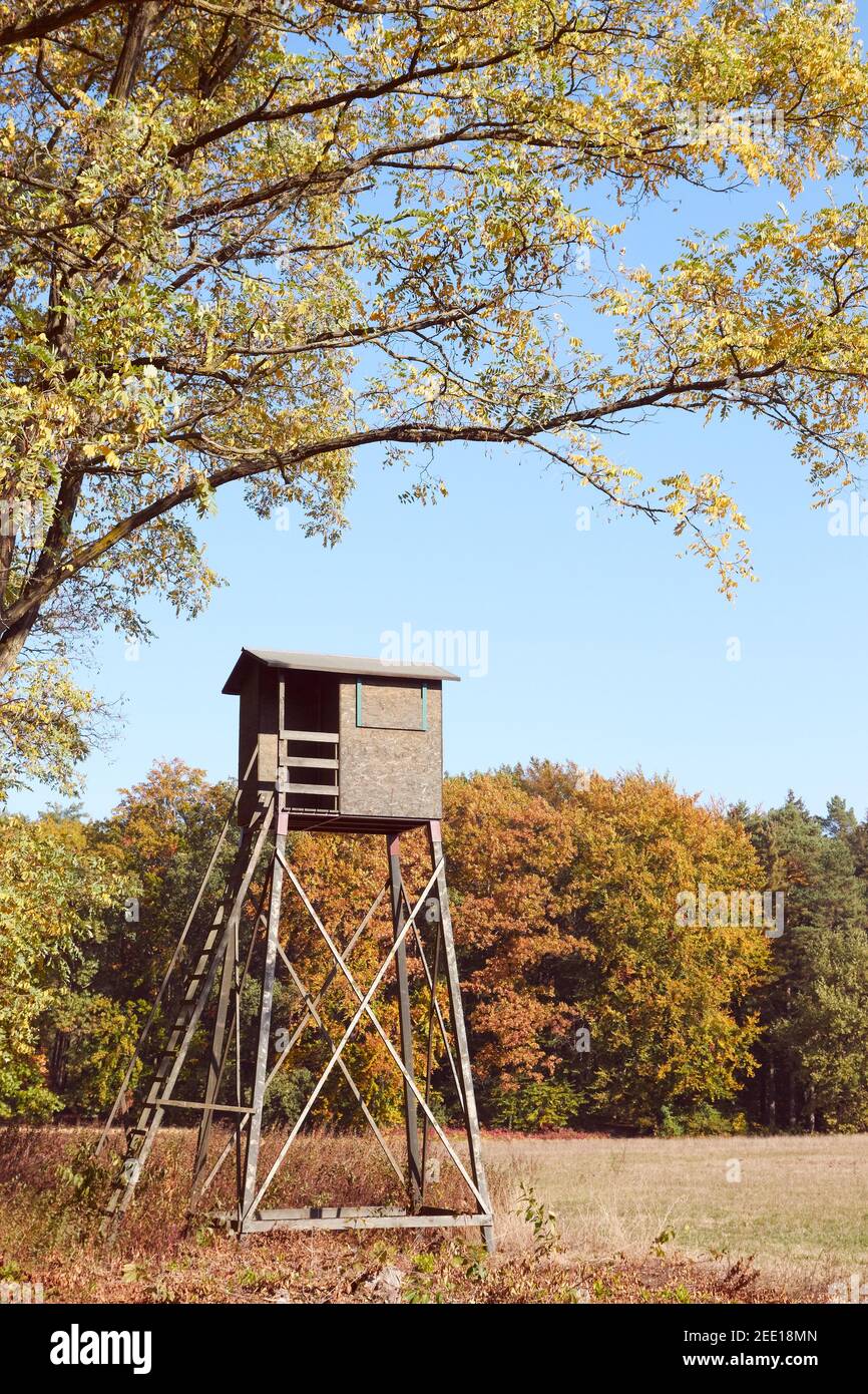 Deer hunting pulpit at the edge of a forest and field in autumn Stock