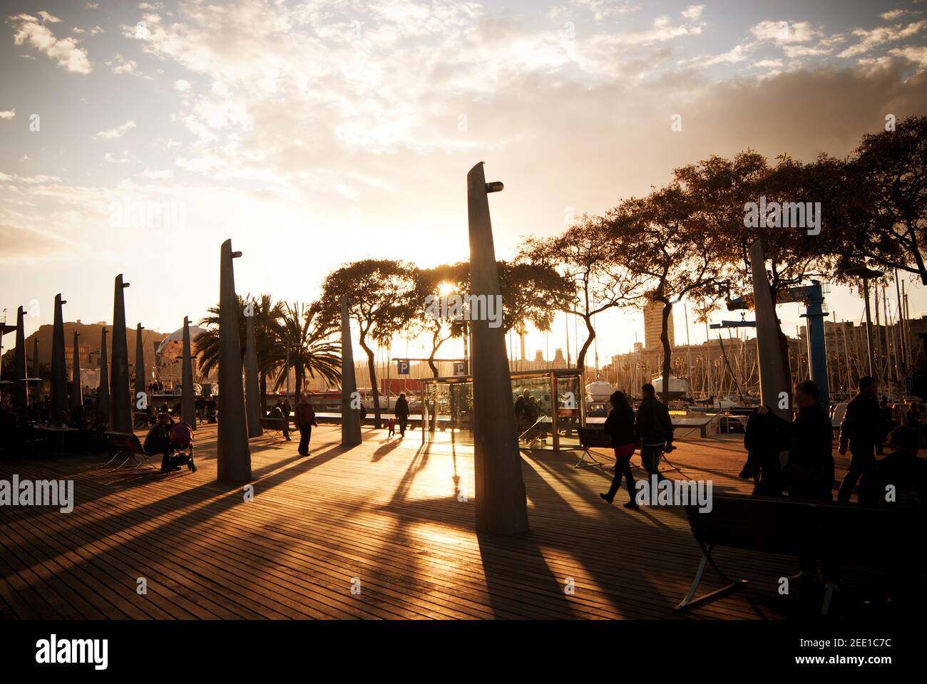 Walkway to the Maremagnum shopping center at sunset, Barcelona, Spain Stock Photo