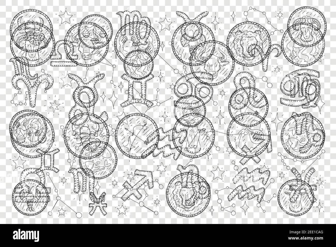 Zodiac signs and moon calendar doodle set. Collection of hand drawn taurus scorpio capricorn gemini aquarius virgo libra constellation sagittarius isolated on transparent background Stock Vector