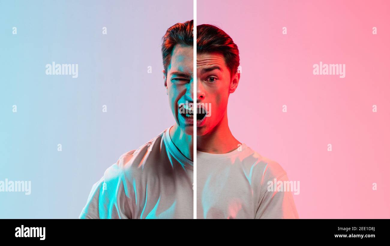Scared and agressive. Fun and creative combination of portraits of ...
