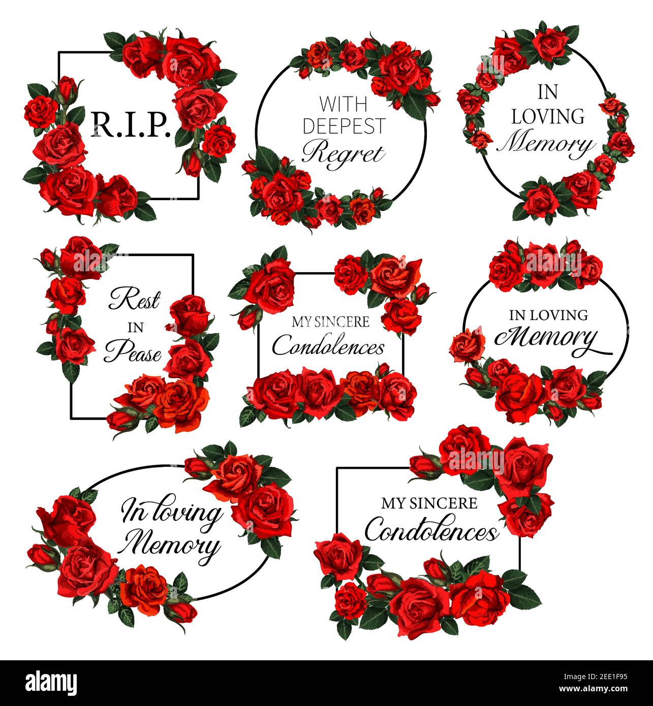 Funereal frames with red roses flowers. Obituary vector round and square frames with RIP res in peace, in loving memory condolences and engraved flowe Stock Vector