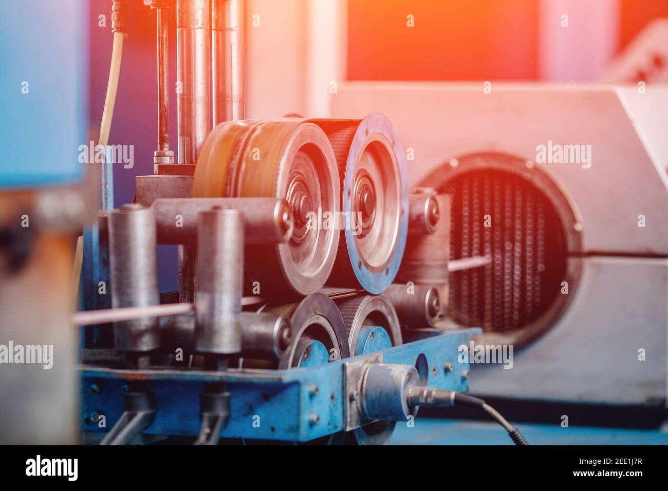 Production of copper wire, bronze cable in reels at factory Stock Photo