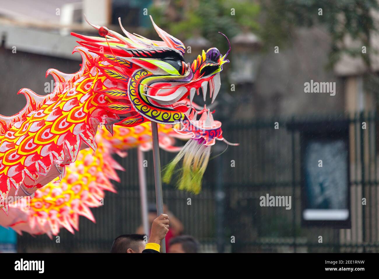 Saint Denis, Reunion Island - August 07 2015: Dragon dancing during the Guan Di Festival. Stock Photo