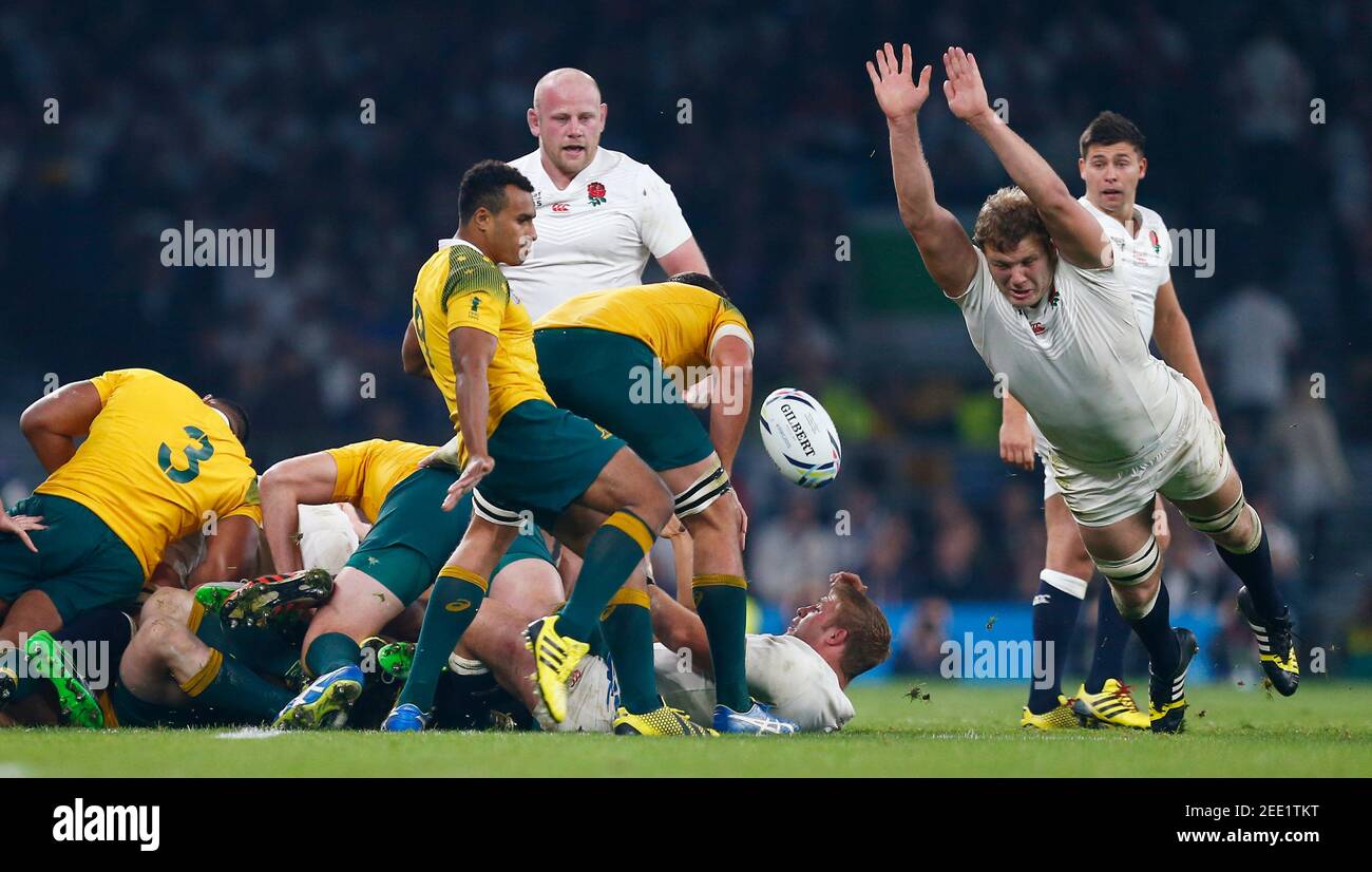 Rugby Union - England v Australia - IRB Rugby World Cup 2015 Pool A - Twickenham Stadium, London, England - 3/10/15  Australia's Will Genia in action with England's Joe Launchbury  Reuters / Andrew Winning  Livepic Stock Photo