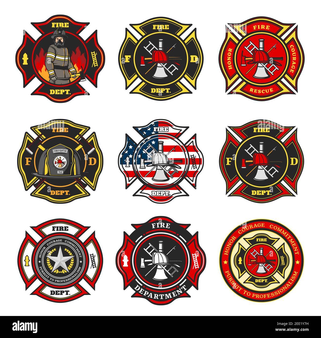 Fire department badges, firefighter team cross shaped emblems with fireman in uniform, helmet and gas mask standing in flame, firefighter tools and eq Stock Vector