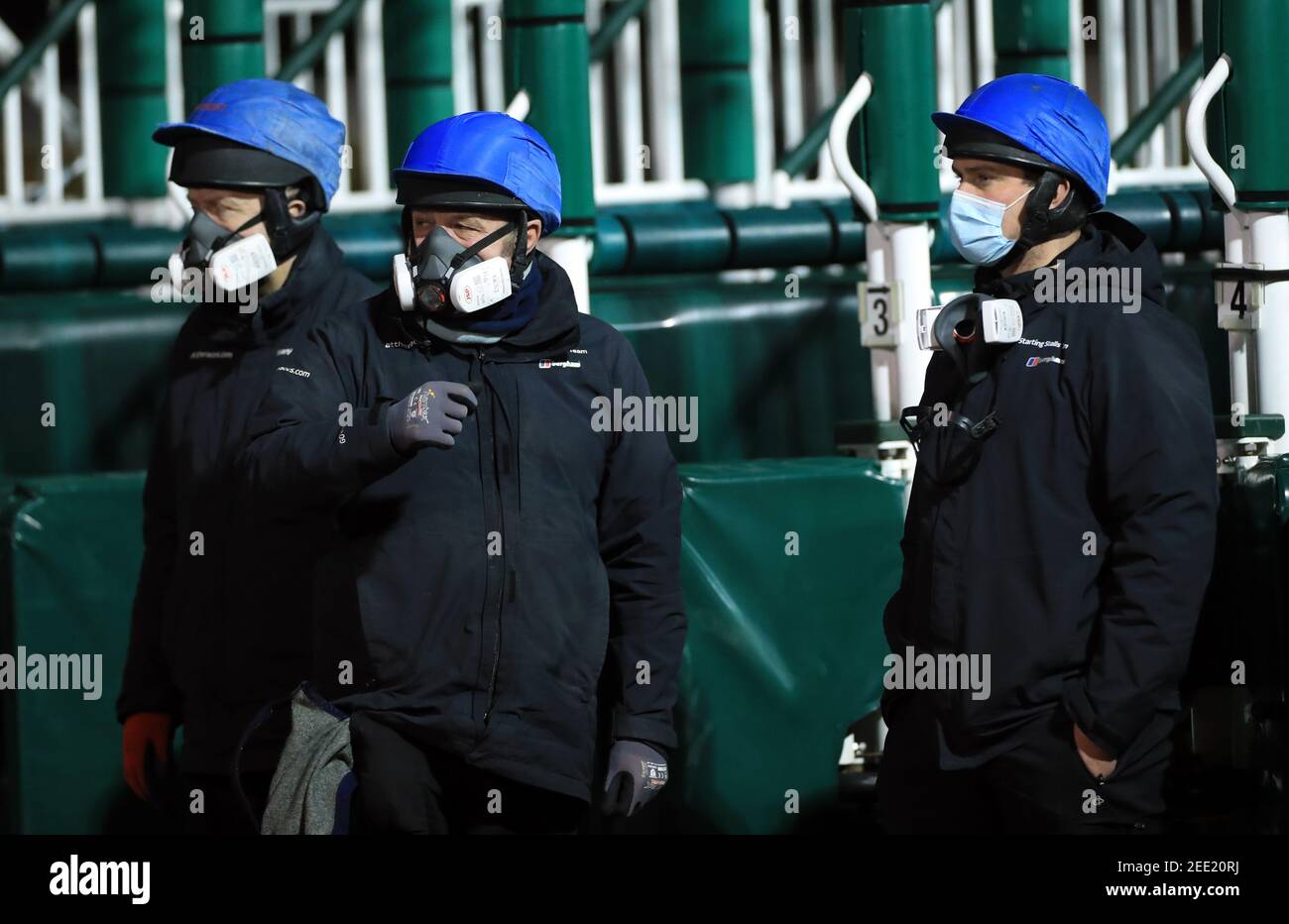 Stalls handlers wearing PPE at Wolverhampton Racecourse. Picture date