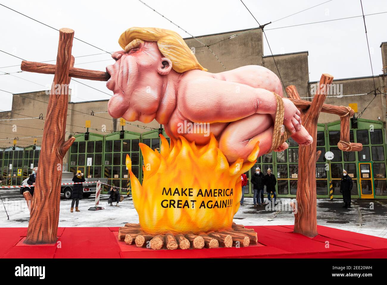 Dusseldorf, Germany. 15 February 2021. Donald Trump - Make America Great Again. Carnival floats presented by German artist Jacques Tilly were presented and later exhibited throughout Dusseldorf as the main carnival parade was cancelled due to the coronavirus pandemic. Stock Photo