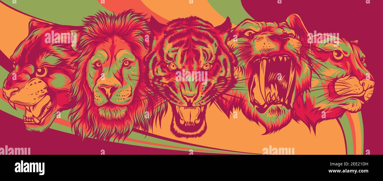 Wild Animals Heads Set. Lion, Tiger, Jaguar, Lynx - Vector Mascot Logo Design Stock Vector