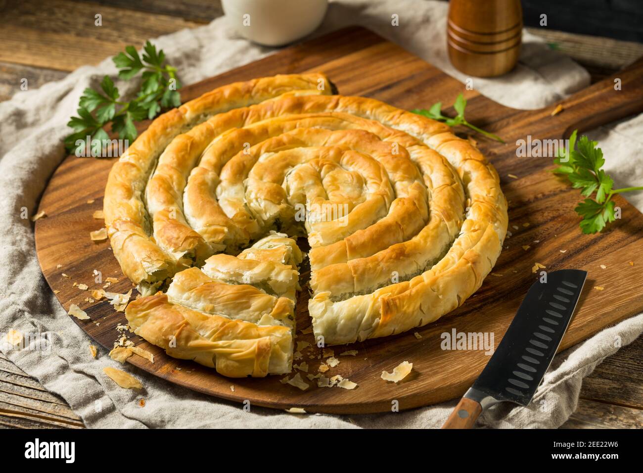 Homemade Spinach and Feta Spanakopita Swirl Ready to Eat Stock Photo