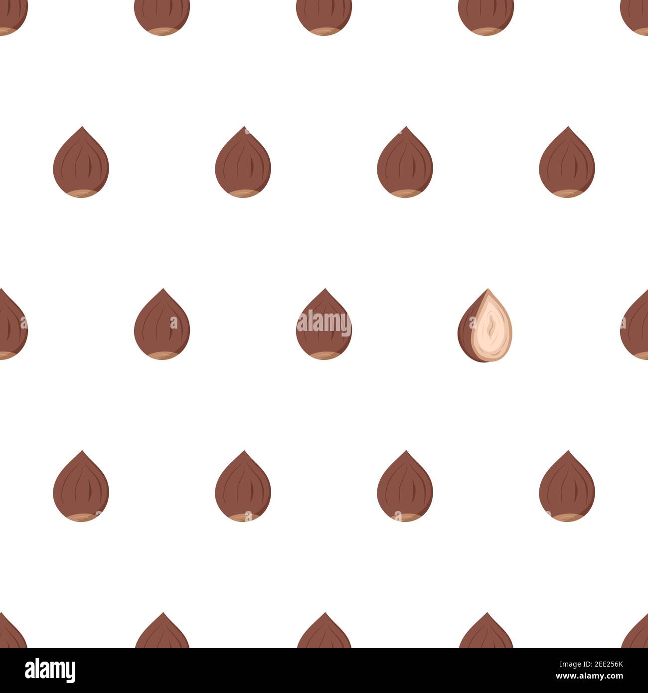 Cartoon seamless pattern with hazelnut with eye catching element - half nut. Useful for restaurant identity, packaging, menu design and interior decorating. Vector nature graphic background. Stock Vector