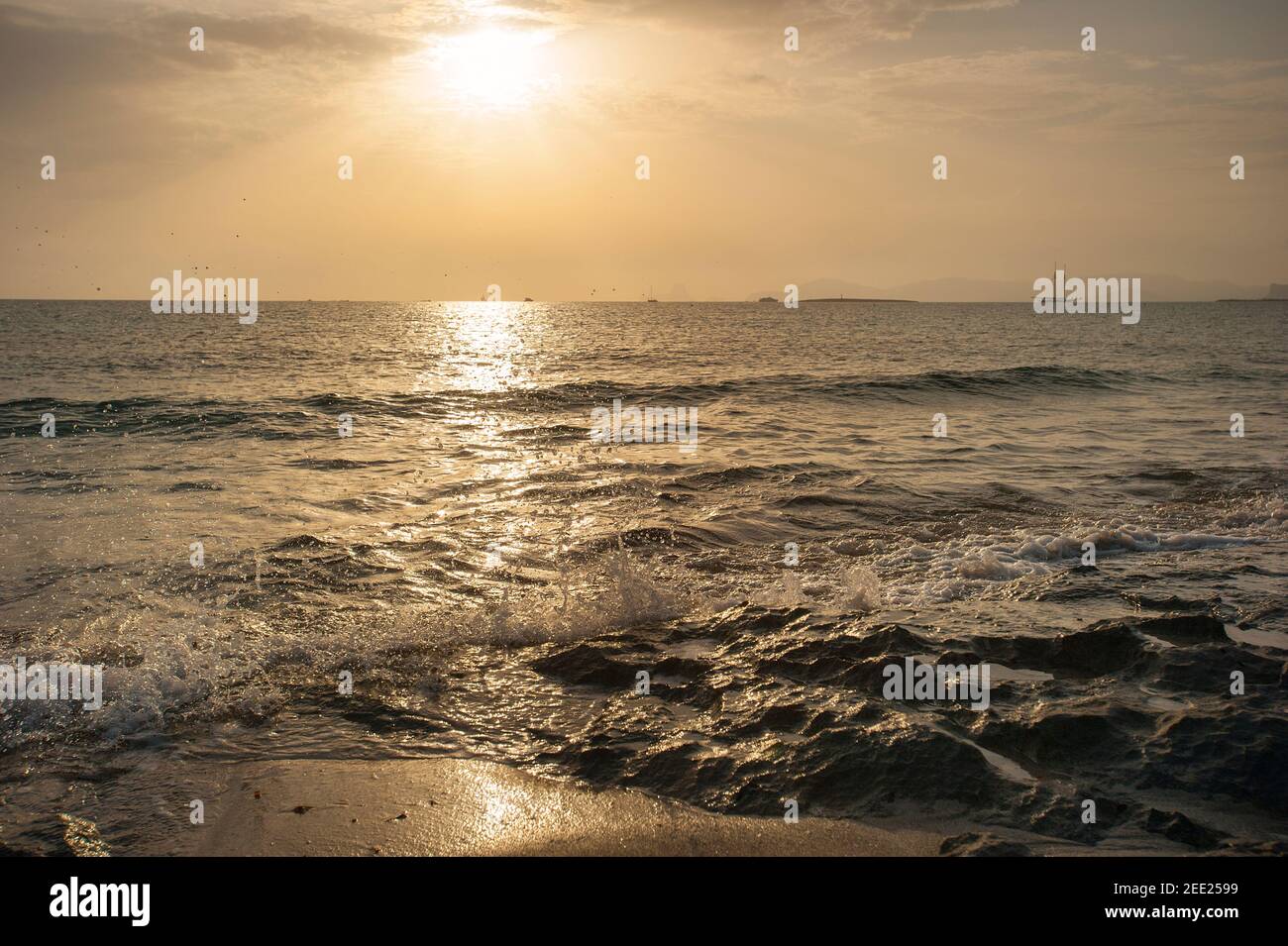Playa de ses illetes at sunset, Formentera, Balearics, Spain Stock Photo