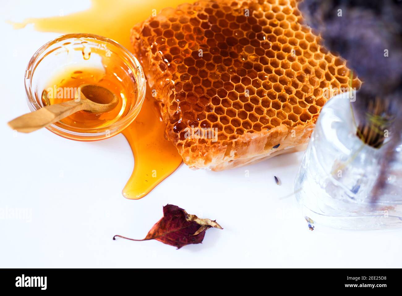 Honeycomb, spilled honey, dried leaf,blurry lavender flowers in glass vase and small glass bowl with spoon and honey. Stock Photo