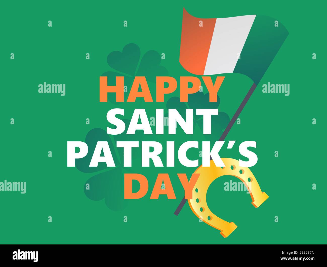 Happy Saint Patrick's Day. Gold horseshoe and Irish flag with clover. Background for advertising products, postcards and printing. Vector illustration Stock Vector
