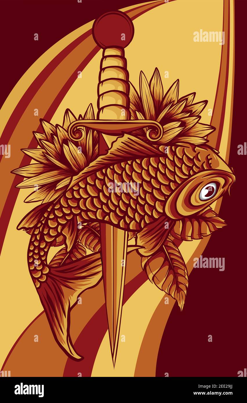 koi fish with flower. vector illustrationart Stock Vector