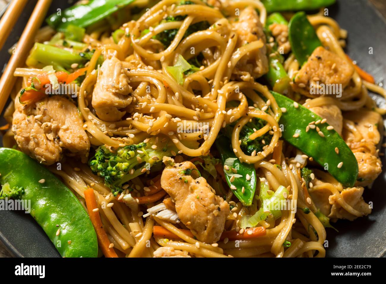 Homemade Asian Chicken Noodle Stir Fry with Fresh Veggies Stock Photo