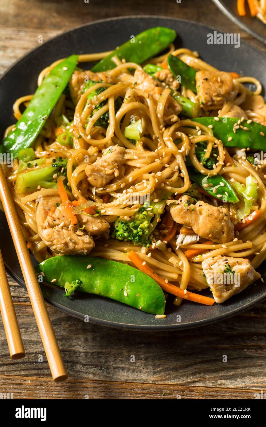 Homemade Asian Chicken Noodle Stir Fry with Fresh Veggies Stock Photo