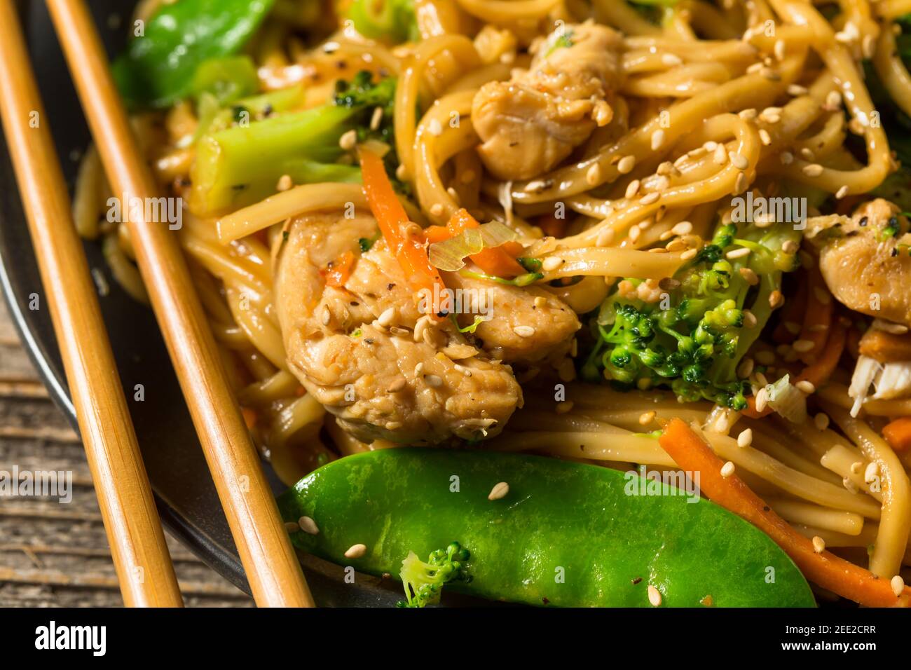 Homemade Asian Chicken Noodle Stir Fry with Fresh Veggies Stock Photo