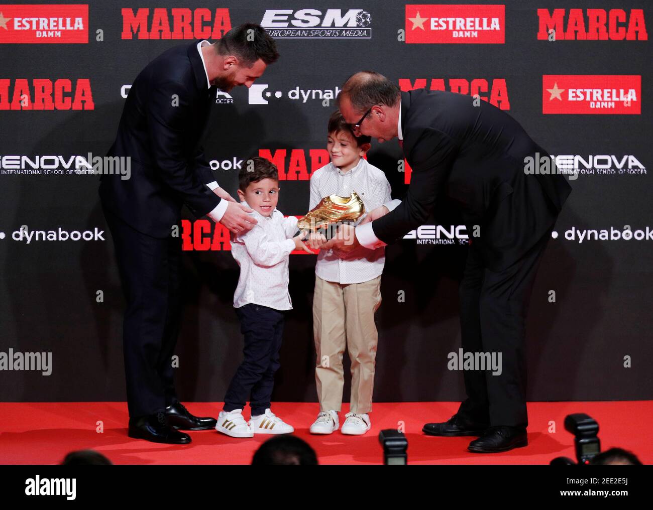 Soccer Football - FC Barcelona's Lionel Messi receives his sixth Golden  Shoe - Antiga Fabrica Estrella Damm, Barcelona, Spain - October 16, 2019  Juan Ignacio Gallardo, director of Marca Newspaper awards the