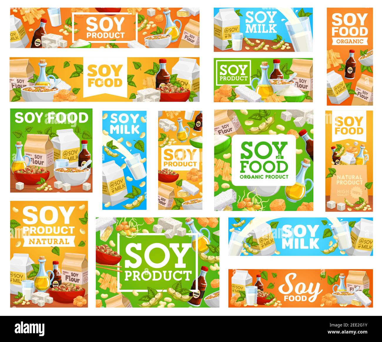 Vegetarian food from soy beans banners set. Soy oil, sauce and flour