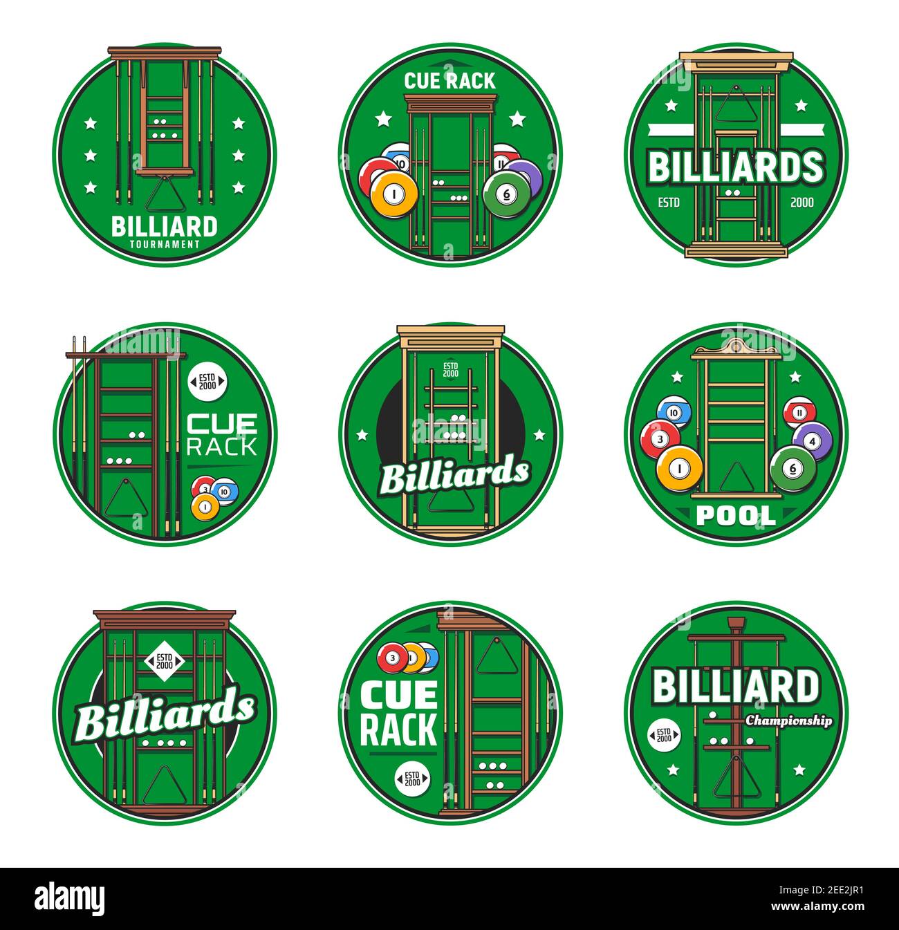 Billiard game vector icons with balls and cues on rack, pool equipment ...