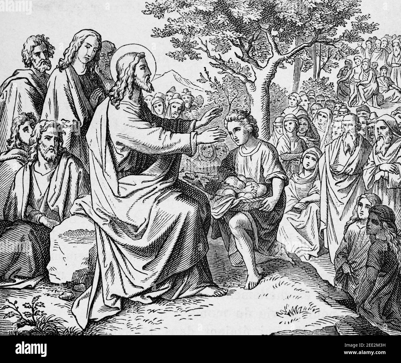 The feeding of the five Thousand, scene of the New Testament, Histoire Biblique de L´Ancien Testament, Stock Photo