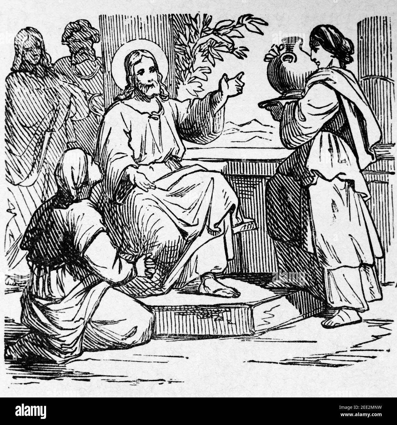 Jesus in the home of Martha and Mary, scene of the New Testament, Histoire Biblique de L´Ancien Testament, Stock Photo