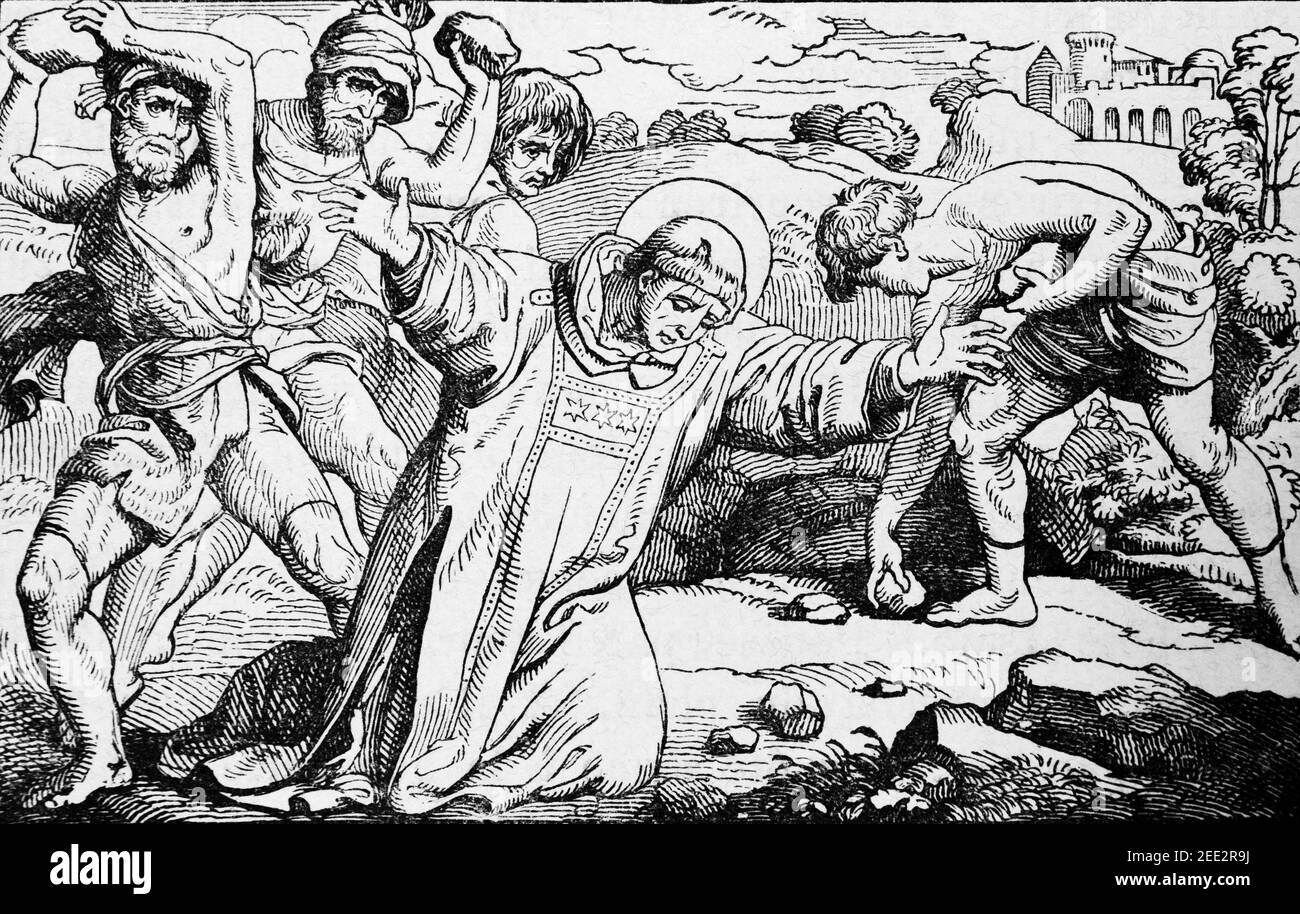 Saint Stephen, Christian deacon in Jerusalem, the first Christian martyr being stoned to death, scene of the New Testament, Histoire Biblique Stock Photo