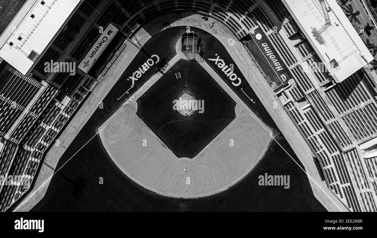 Aerial view of the Francisco Carranza Limón Stadium. General view of the Algodoneros stadium in Guasave, Sinaloa Mexico. Guasave Mexico. on February 7, 2021 in Guasave, Mexico. (Photo by Luis Gutierrez/Norte Photo/)  Vista aérea del Estadio Francisco Carranza Limón. Vista general del estadio Algodoneros en Guasave, Sinaloa México. Guasave México. el 7 de febrero de 2021 en Guasave, México. (Foto de Luis Gutierrez / Foto Norte /) Stock Photo