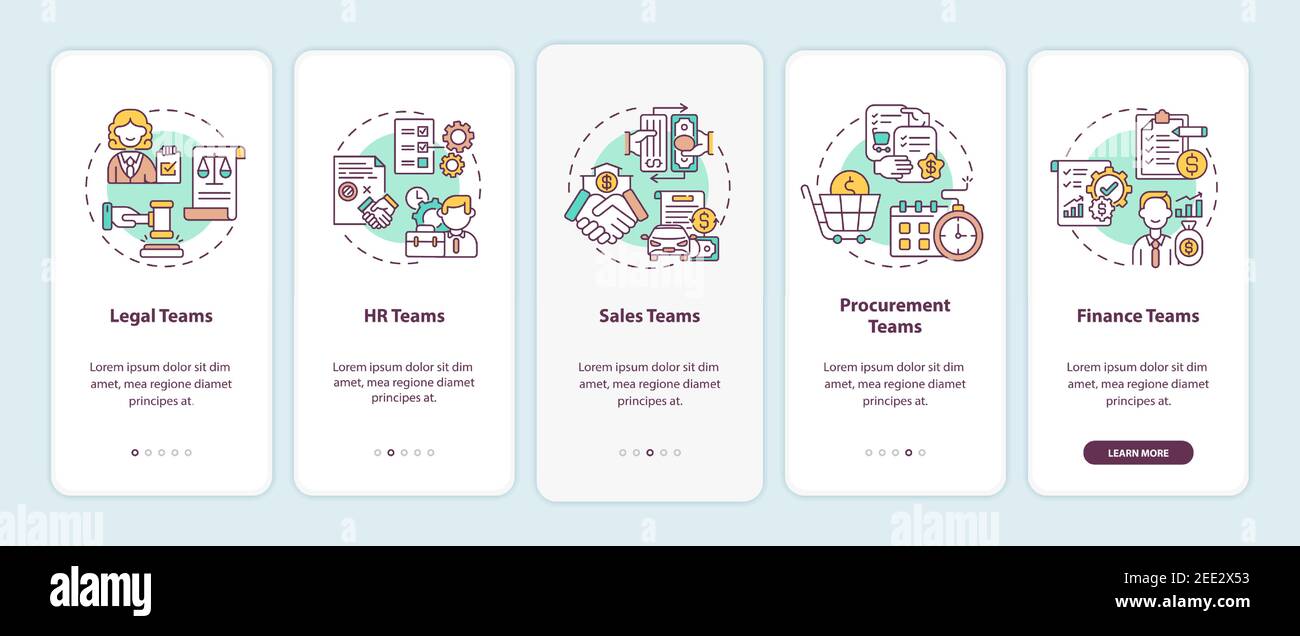 Contract management software users onboarding mobile app page screen with concepts Stock Vector
