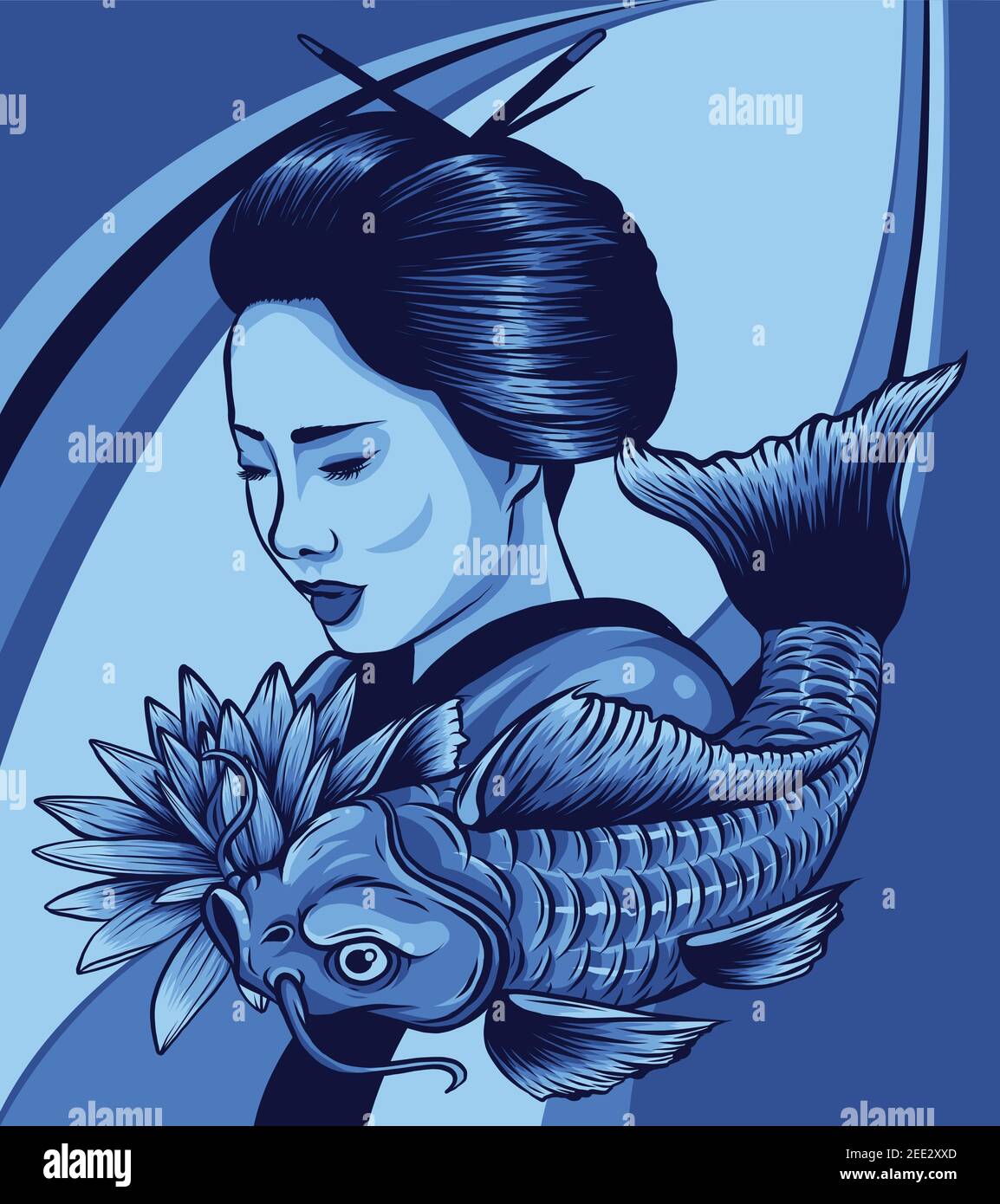 Beautyful Geisha women with koi carp fish. vector illustration Stock Vector