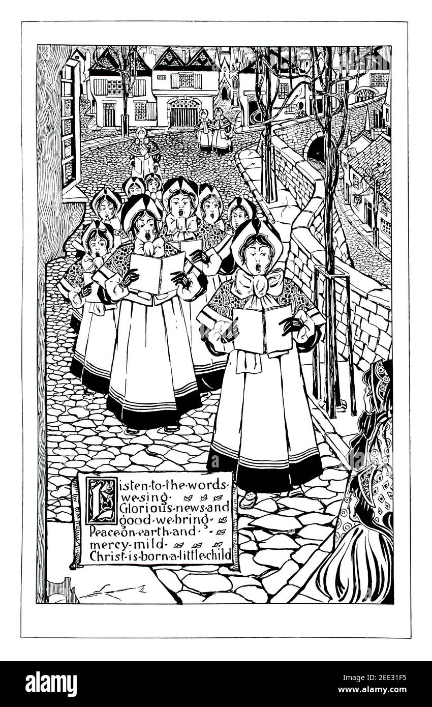 A Christmas Carol, 1898 card design depicting singers in cobbled lane, by Glasgow artist James Allan Duncan, , in 1899 The Studio an Illustrated Magaz Stock Photo