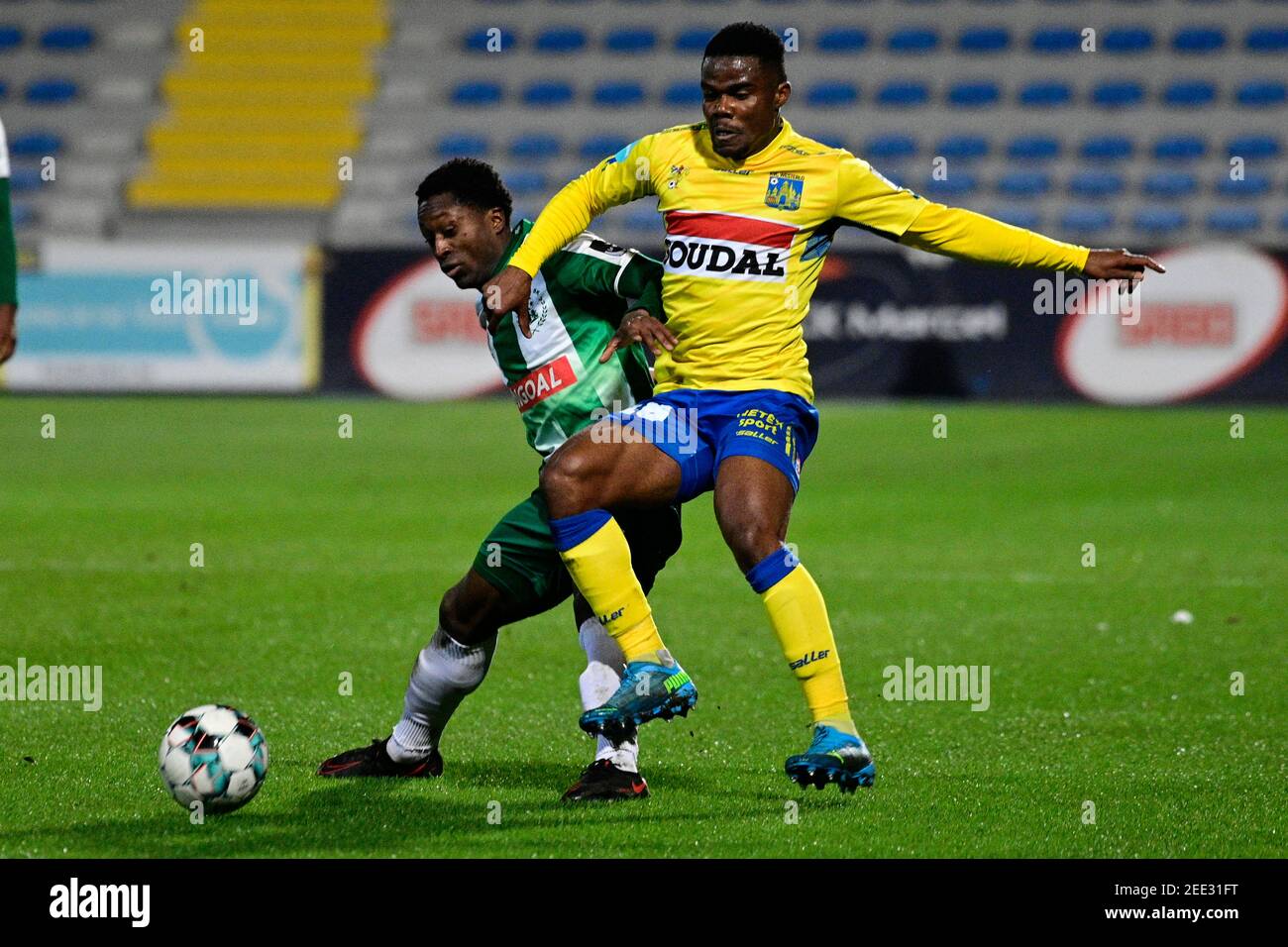 Lommel's Marlos Moreno and Westerlo's Kouya Mabea fight for the ball during a soccer match between KVC Westerlo and Lommel SK, Monday 15 February 2021 Stock Photo