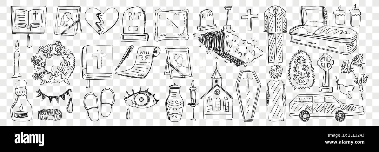 Funeral and cemetery attributes doodle set. Collection of hand drawn coffin candle church cemetery memorials will grief hearse and process of funeral isolated on transparent background Stock Vector