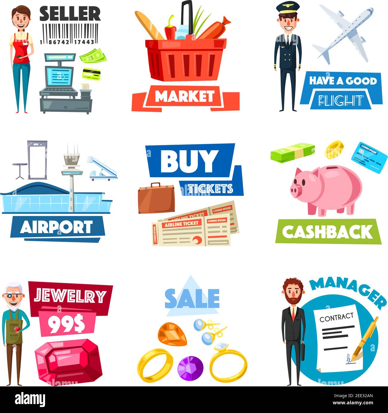 Shop selling, finance business, jewelry gems and air travel industry vector icons. Flat symbols of airplane pilot, supermarket cashier, gold rings jew Stock Vector
