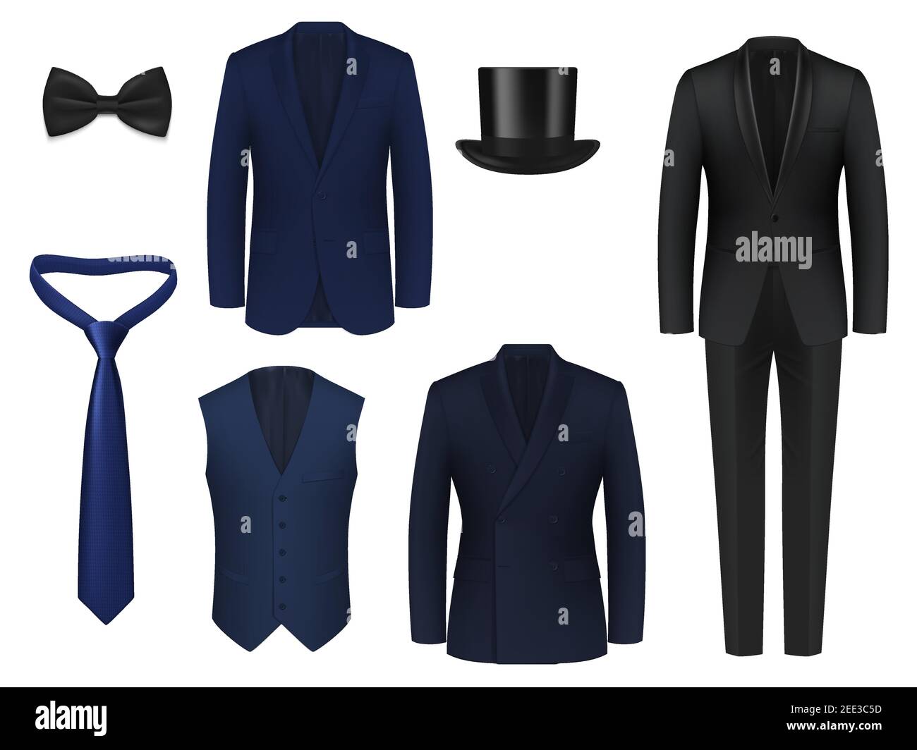 Wedding or dinner mens suit realistic mockup. Blue, black classic tuxedo jackets with single, double breasted tux, shawl collar, peak and shawl lapel, Stock Vector