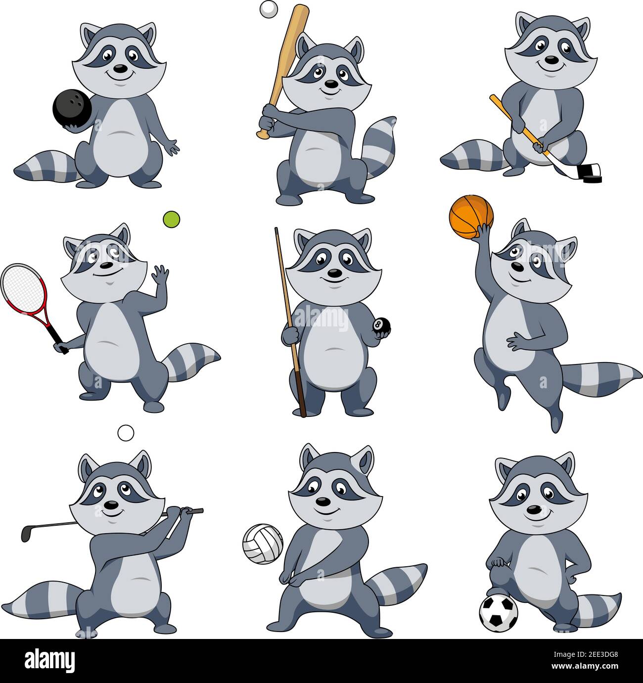 Cartoon raccoon vector mascot character. Animal playing sport games rugby  ball and baseball bat, football soccer and basketball, tennis racket and  bil Stock Vector Image & Art - Alamy
