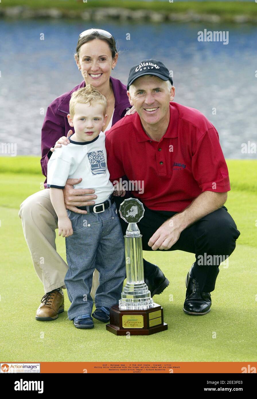 Golf - European Open - K Club Golf Course , Ireland - 6/7/03 Phillip Price  celebrates with the trophy and wife Sandra and son John Edward Mandatory  Credit:Action Images / Richard Heathcote LivePic Stock Photo - Alamy