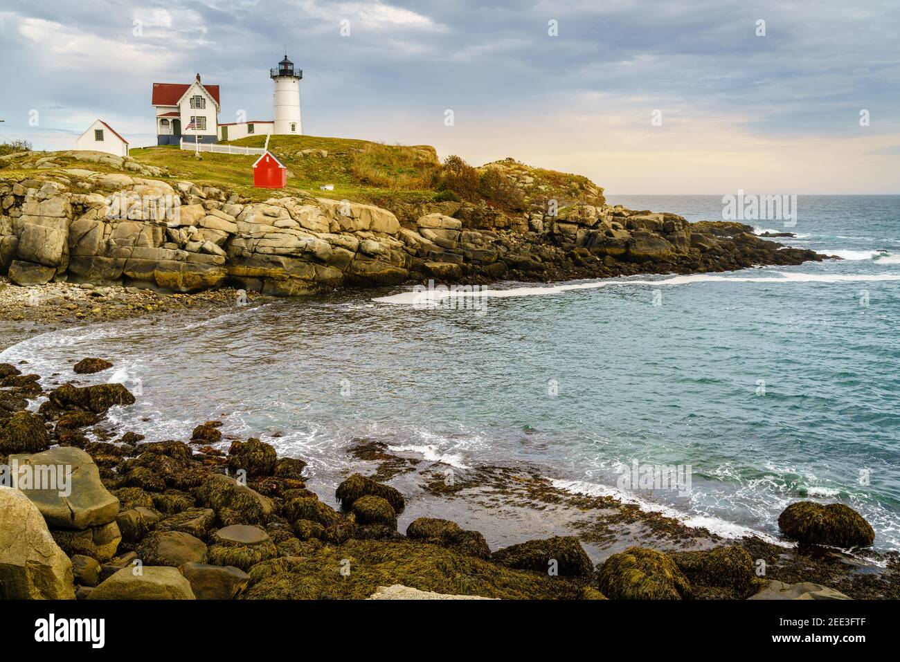 Scenic view of Nubble lighthouse in York, ME Stock Photo