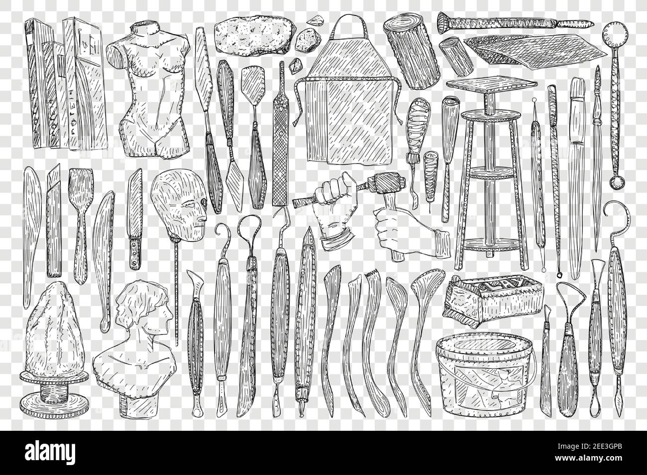 Tools for sculpture doodle set. Collection of hand drawn equipment