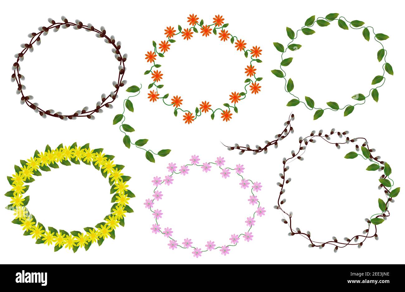 Wreath Fresh Flowers and leaf. Lavender, chamomile, jasmine, Spring flower. Collection Wreaths from flowers for your design. Vector illustration. Stock Vector