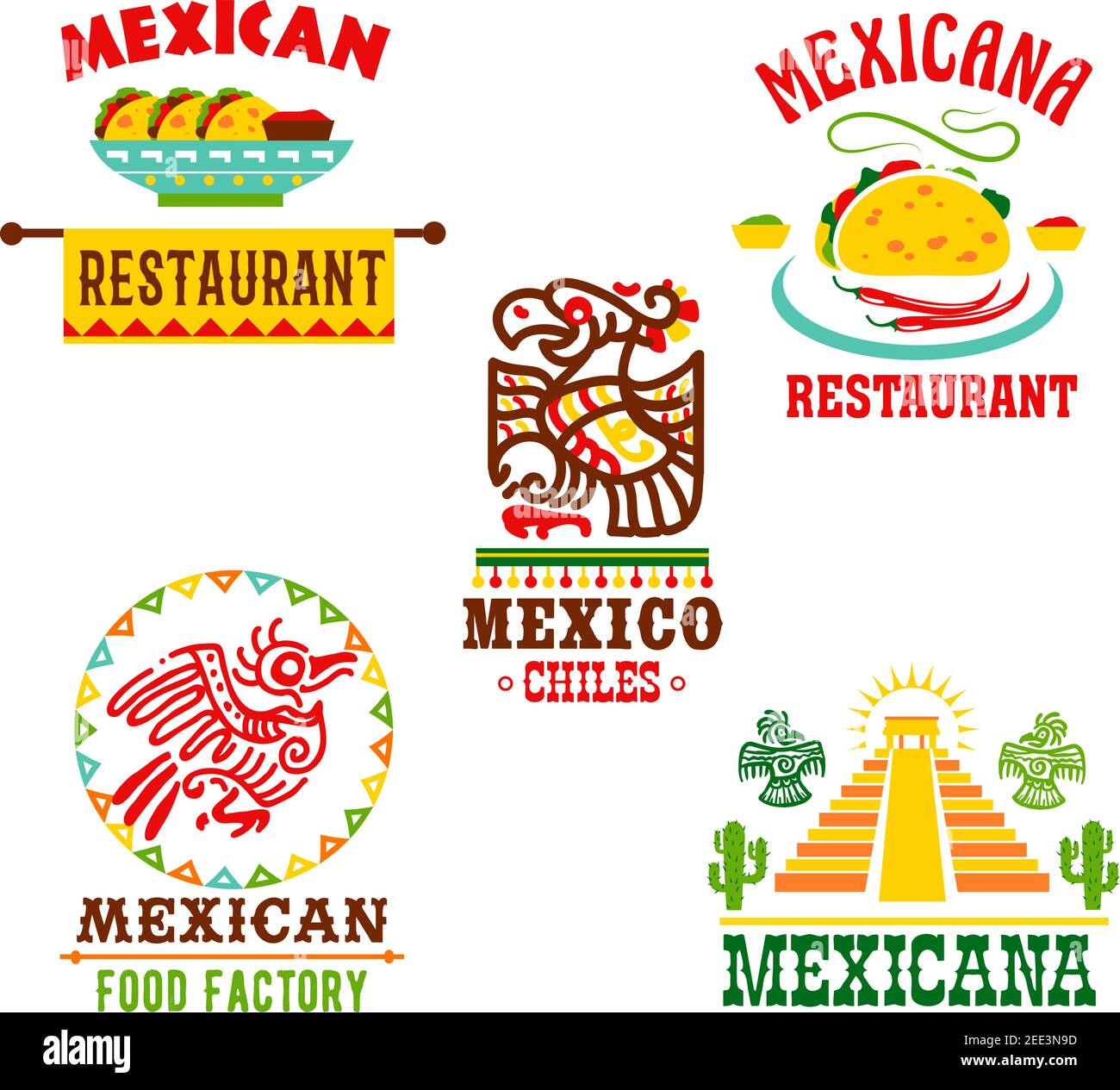 Mexican restaurant template icons set. Mexico cuisine symbols of chili pepper, tapas or burrito with spicy salsa and agave cactus. Vector badges set o Stock Vector