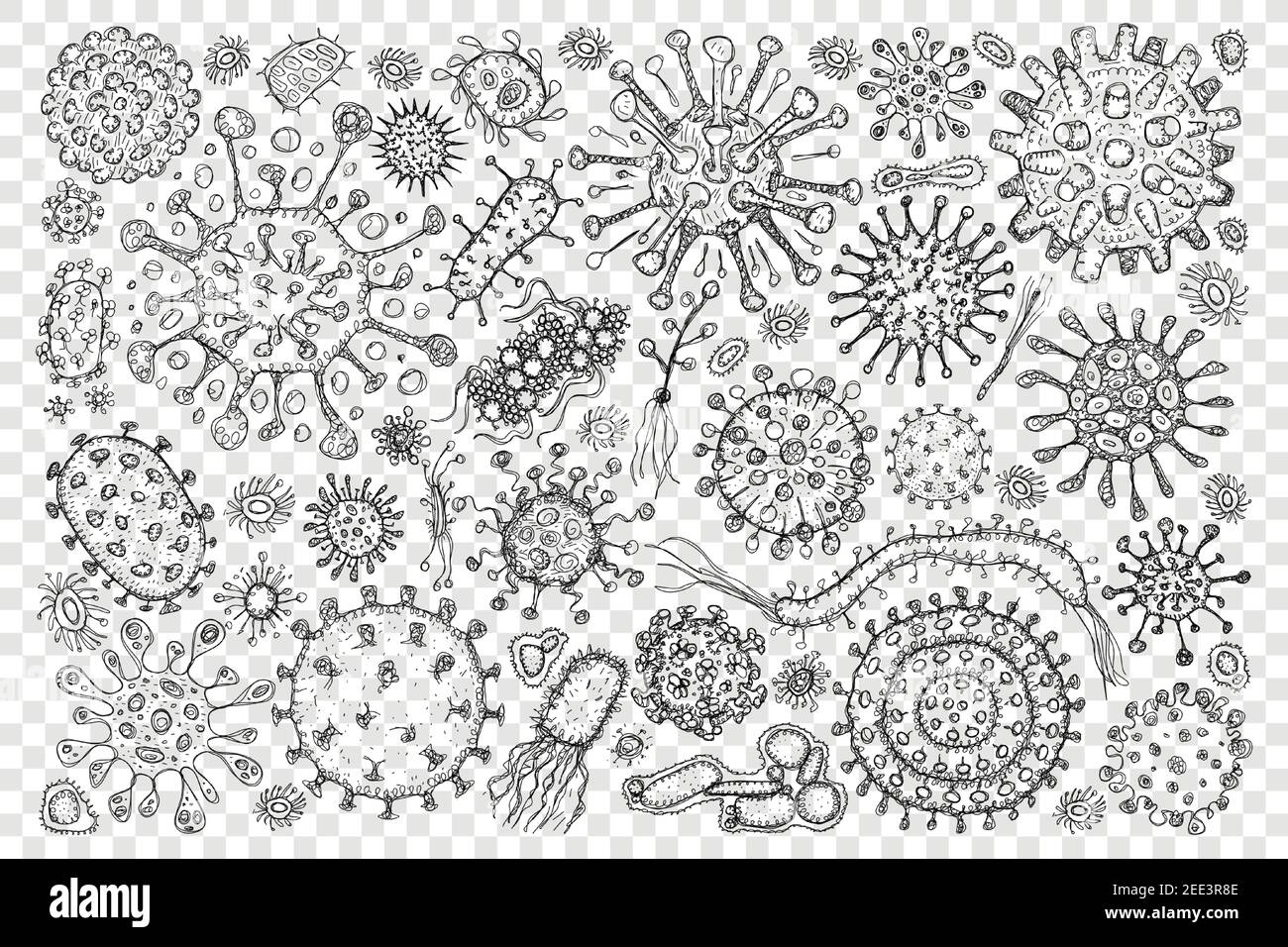 Bacteria virus molecule doodle set. Collection of hand drawn various microbe bacteria molecules of different shapes and sizes in microbiology isolated on transparent background Stock Vector