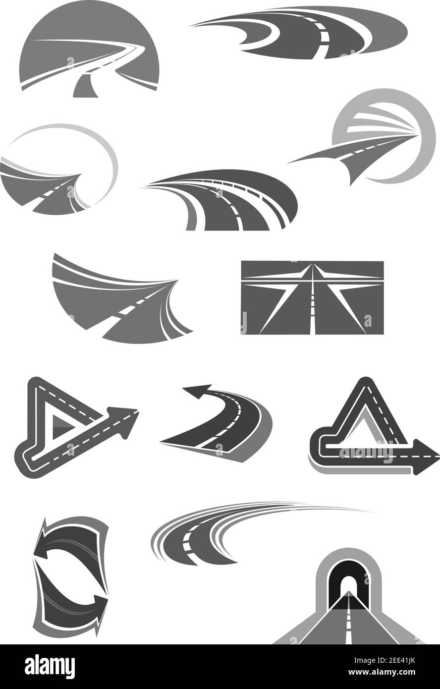Road and highways with tunnels and directions icons for travel company, construction service or tourist agency. Vector template symbols set of path an Stock Vector
