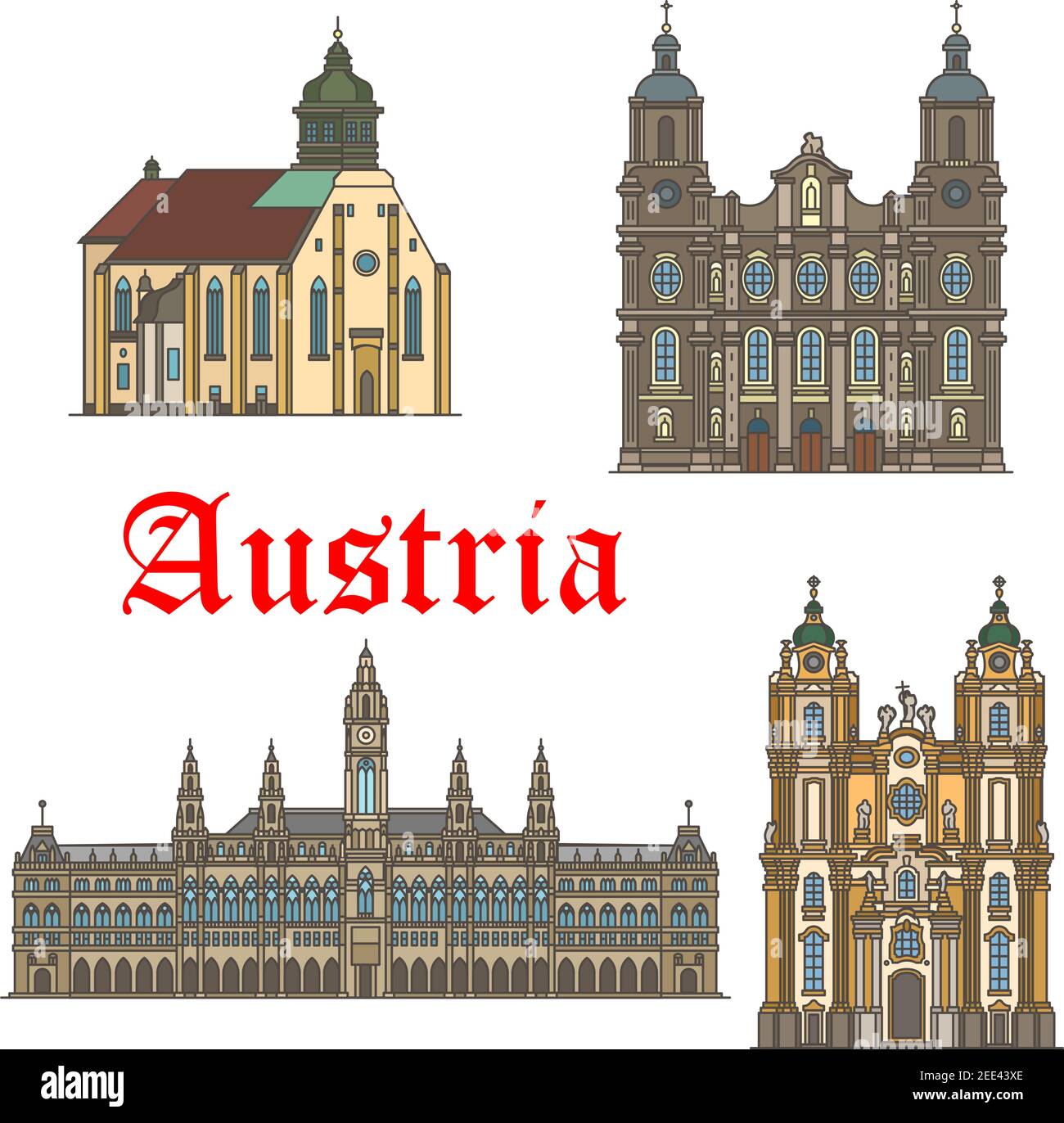 Austria landmarks and famous architecture buildings. Vector icons and facades of Wiener Rathaus town hall, Mel Abbey and St James and Graz Cathedral. Stock Vector