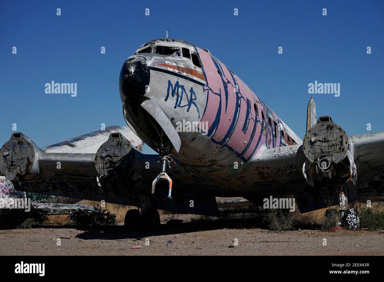 Abandoned airplanes covered in graffiti in the desert outside of Phoenix, Arizona. Stock Photo