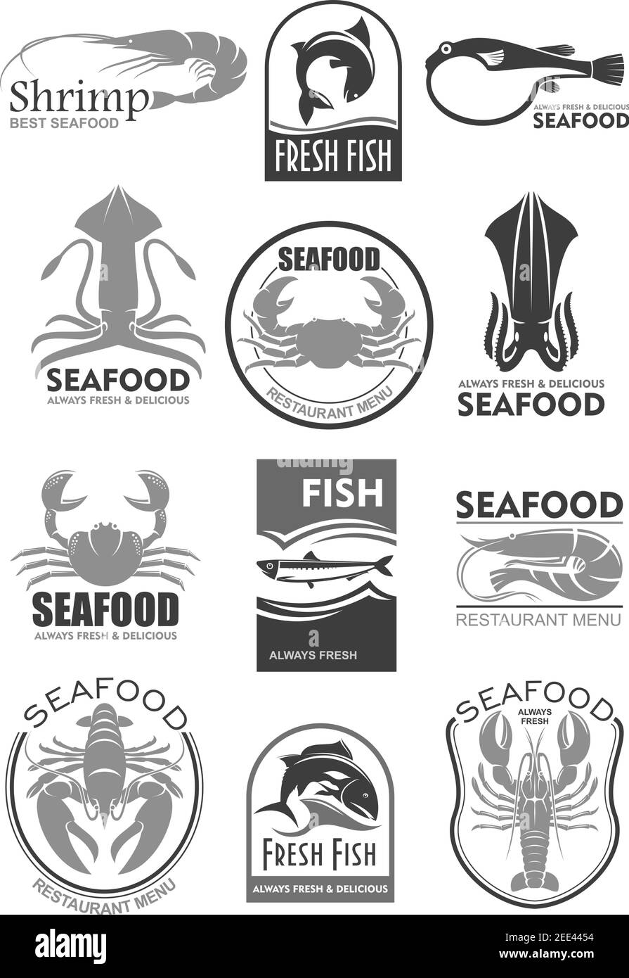 Seafood and fish food restaurant menu or fish market store. lobster or