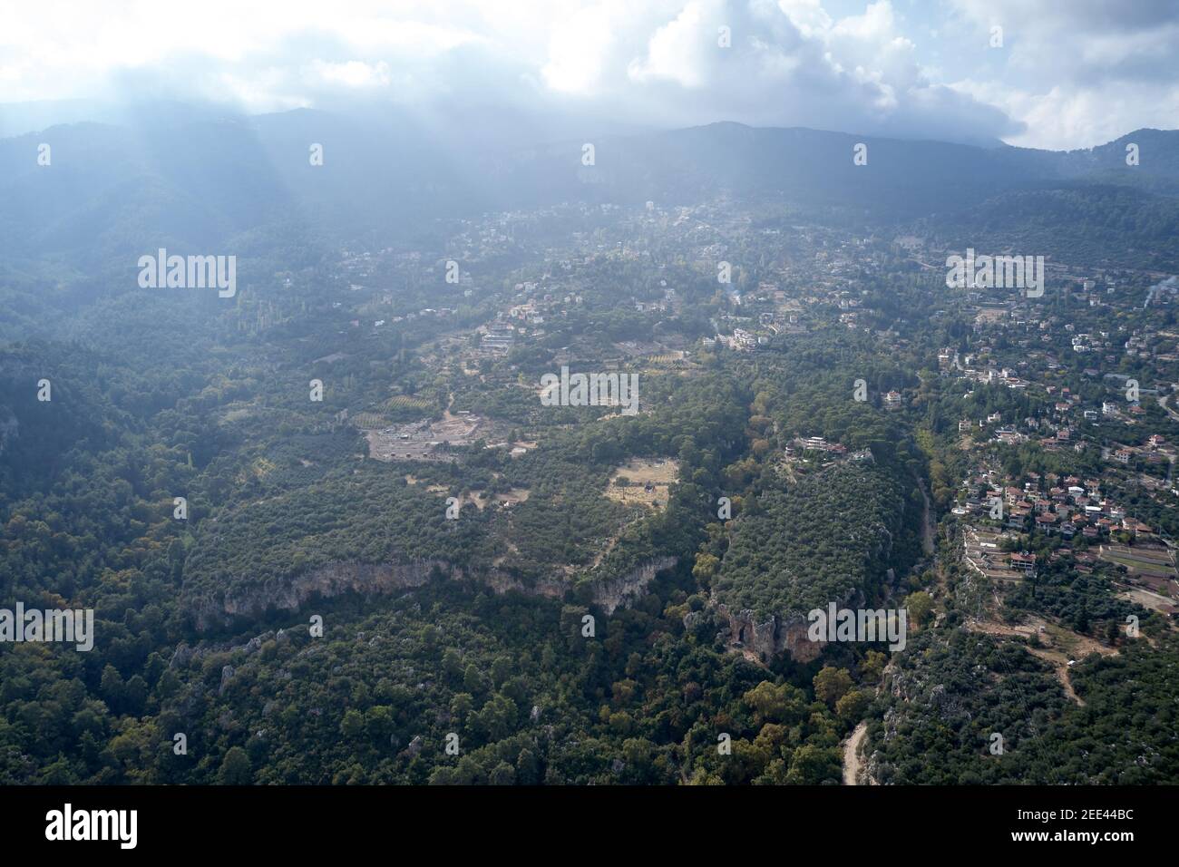 Aerial view of the mountain valley with village Stock Photo - Alamy