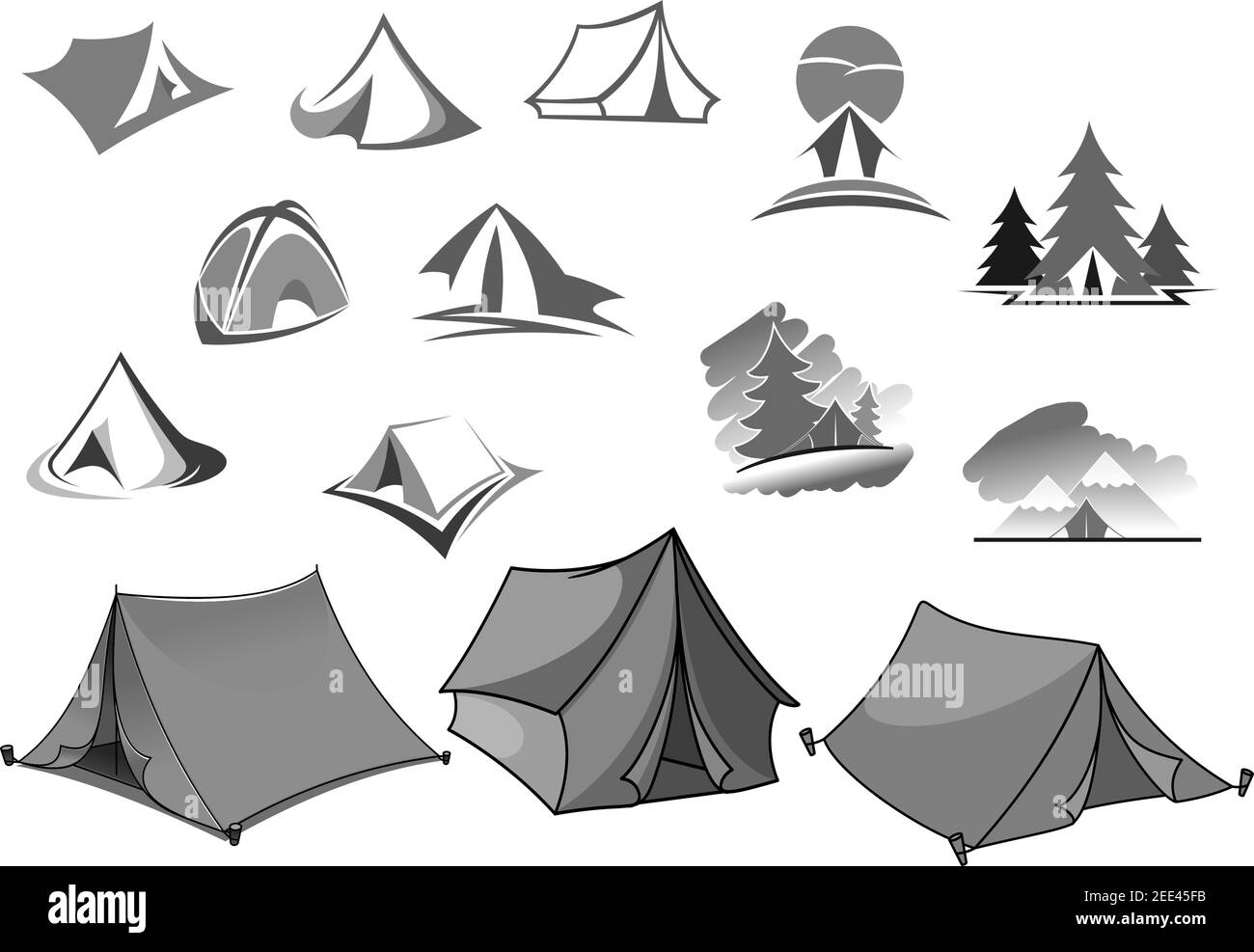 Camp tent icons for camping adventure or forest backpacking or outdoor hiking tourism or travel agency and company. Holiday scout camping place or pic Stock Vector