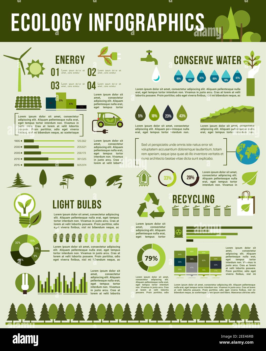 Ecology and environment vector infographics. Graphs on water and energy consumption, diagrams for recycling and green nature saving or protection stat Stock Vector