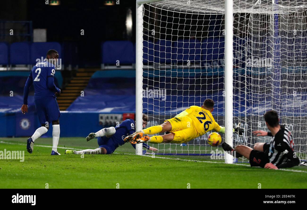 Chelsea's Timo Werner (not pictured) scores their side's second goal of the game during the Premier League match at Stamford Bridge, London. Picture date: Monday February 15, 2021. Stock Photo